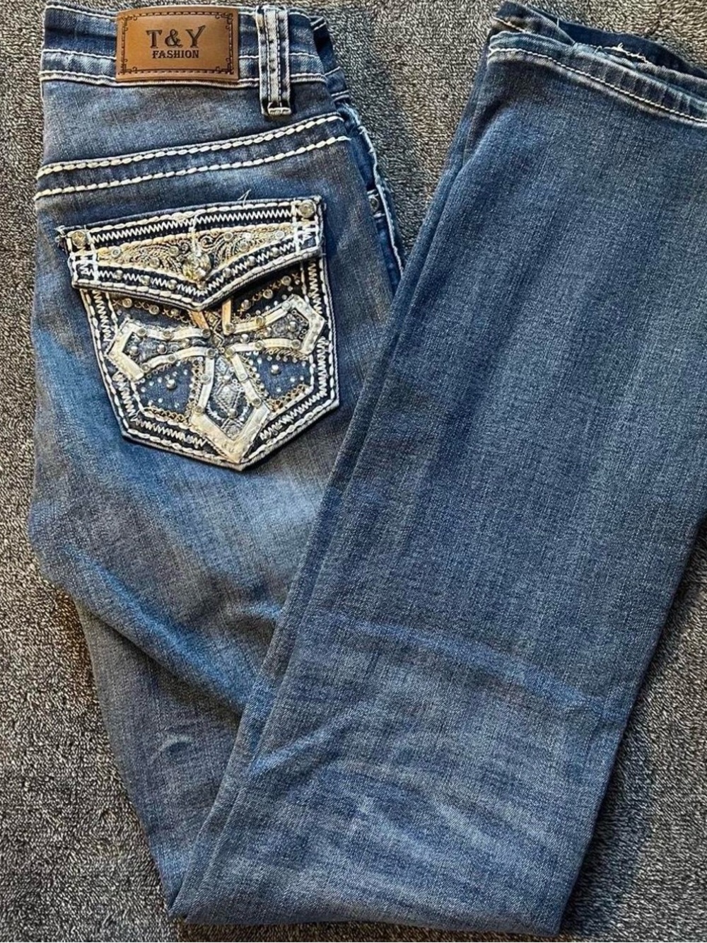 Women's rhinestone Embellished Boot Cut Jeans in Mid Blue